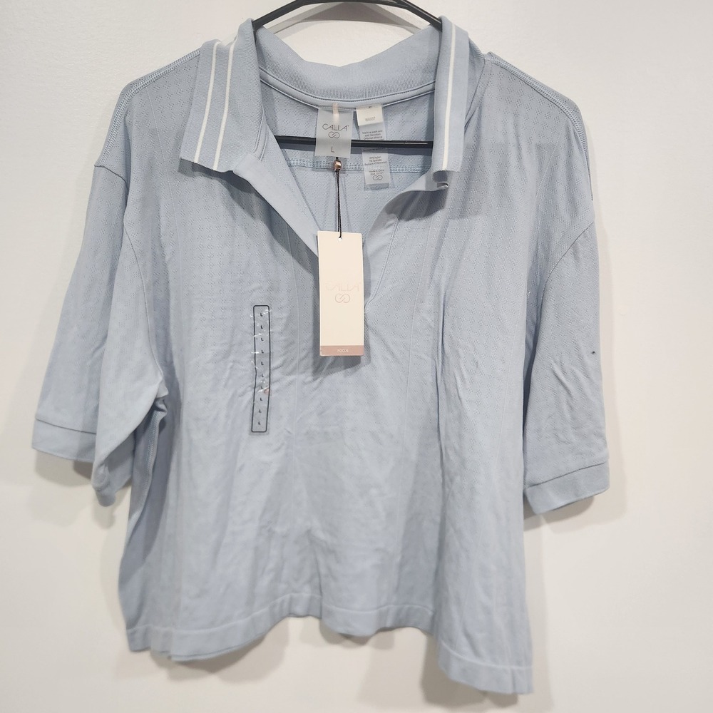 Women's Large CALIA Focus Seamless Polo Shirt Light Blue Cropped Pointelle Knit